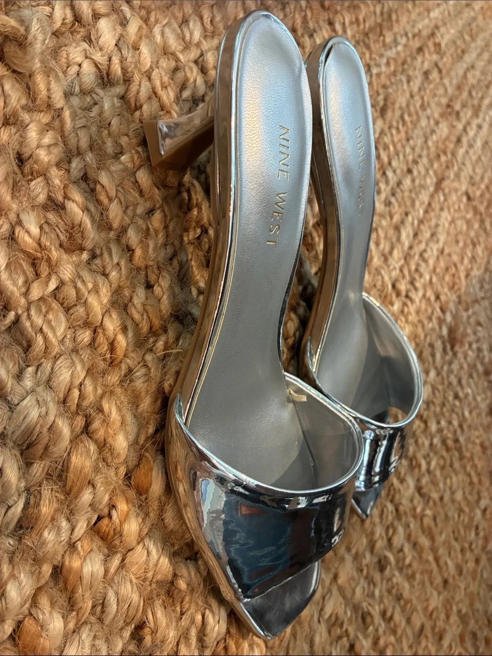 Nine West Silver Metallic Kitten Heel, Slide Sandals - 8M - Picture 3 of 6